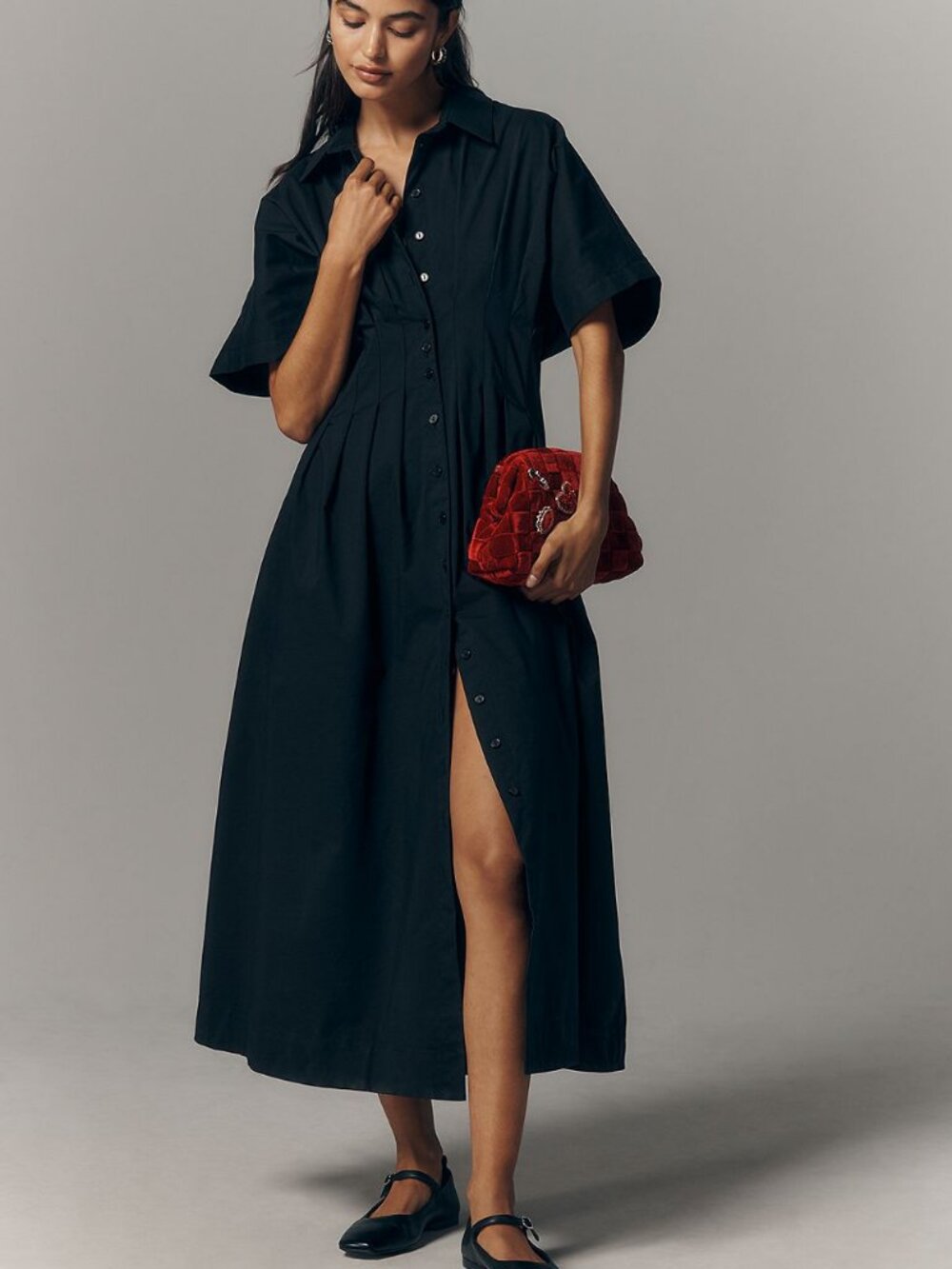 Exquise Anthropologie Tobie Drop-Waist Midi Shirtdress - Black